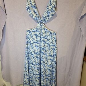 Blue and White Backless Halter Sundress with Dolman Sleeves